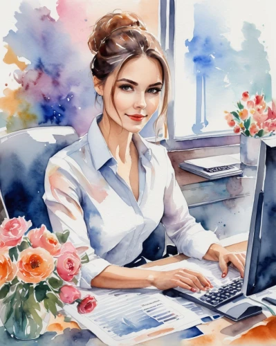 girl at the computer,bussiness woman,office worker,receptionist,secretary,watercolor women accessory,place of work women,illustrator,work at home,women in technology,fashion illustration,watercolor floral background,work from home,watercolor background,white-collar worker,bookkeeper,in a working environment,business woman,self employed,online business,Illustration,Paper based,Paper Based 25