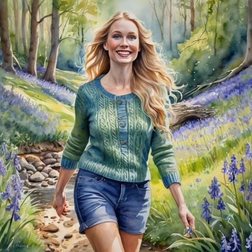 bluebells,beautiful bluebells,woman walking,farmer in the woods,girl in flowers,the blonde in the river,oil painting,oil painting on canvas,bluebell,female runner,springtime background,heidi country,oil on canvas,girl in the garden,girl on the river,blonde woman,jacaranda,girl walking away,ballerina in the woods,heather winter,Illustration,Paper based,Paper Based 24