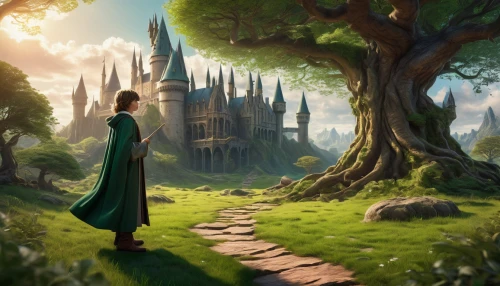 fantasy picture,a fairy tale,fairy tale,fantasy landscape,jrr tolkien,merida,fairytale,elven forest,the mystical path,fairy tales,fairytales,druid grove,fairy tale castle,magical adventure,pathway,children's fairy tale,enchanted,fairy tale character,fantasy world,hobbiton,Illustration,American Style,American Style 01