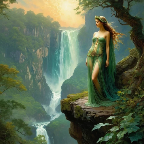 fantasy picture,green waterfall,celtic woman,rusalka,fantasy art,bridal veil fall,dryad,celtic queen,water nymph,fantasy portrait,mother earth,water fall,mother nature,fantasy landscape,elven,faerie,world digital painting,fae,fantasy woman,waterfall,Conceptual Art,Fantasy,Fantasy 05