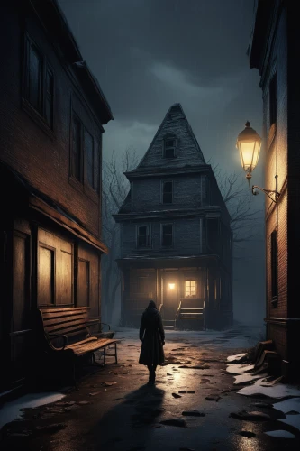 medieval street,houses silhouette,bremen town musicians,the cobbled streets,night scene,the haunted house,old linden alley,old town,lamplighter,world digital painting,blind alley,witch house,street scene,alleyway,witch's house,medieval town,house silhouette,haunted house,lonely house,hamelin,Illustration,Realistic Fantasy,Realistic Fantasy 26