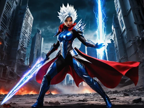 symetra,god of thunder,superhero background,thor,excalibur,goddess of justice,nova,cg artwork,cleanup,tiber riven,heroic fantasy,darth talon,female warrior,power icon,dark elf,magneto-optical drive,show off aurora,massively multiplayer online role-playing game,destroy,red and blue,Illustration,Realistic Fantasy,Realistic Fantasy 46