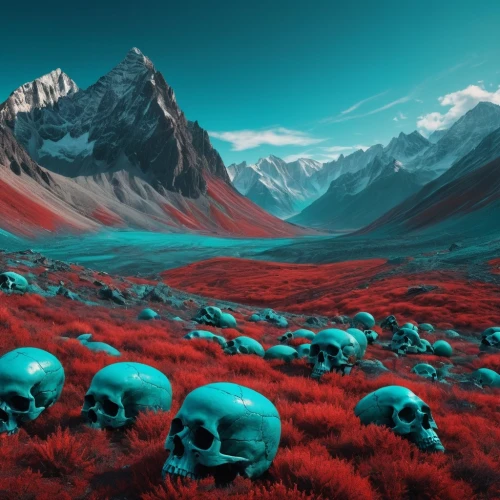 valley of death,alien planet,world digital painting,alien world,the valley of death,fantasy landscape,mushroom landscape,fallen giants valley,dead earth,red planet,futuristic landscape,fantasy picture,the sea of red,volcanic landscape,skulls,field of poppies,poppy field,poppy fields,volcanic field,hex,Photography,General,Fantasy