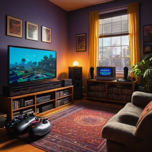 game room,recreation room,home theater system,sega genesis,nintendo gamecube,home game console accessory,television set,sega mega drive,entertainment center,tv cabinet,playing room,gamecube,bonus room,video consoles,atari 2600,nintendo gamecube accessories,livingroom,tv set,widescreen,gamer zone,Art,Artistic Painting,Artistic Painting 34