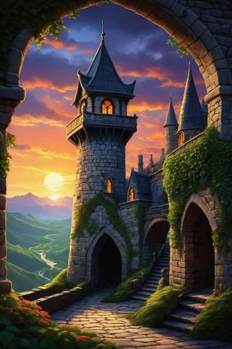 fairy tale castle,fairytale castle,fantasy landscape,knight's castle,fantasy picture,castle of the corvin,medieval castle,castel,cartoon video game background,castle,castles,summit castle,fairy tale,ruined castle,peter-pavel's fortress,castle ruins,castle iron market,fantasy world,fantasy art,bethlen castle,Illustration,Japanese style,Japanese Style 12