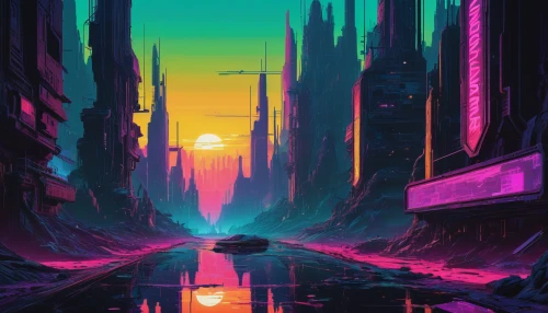 futuristic landscape,cyberpunk,cityscape,colorful city,dusk,neon arrows,alleyway,vast,road forgotten,city highway,80's design,street canyon,world digital painting,fantasy city,alley,vapor,futuristic,ultraviolet,digital,the road,Illustration,Retro,Retro 14