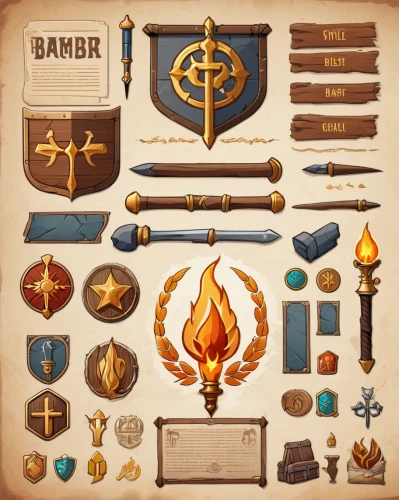 collected game assets,mobile video game vector background,set of icons,icon set,game illustration,fairy tale icons,scabbard,weapons,infographic elements,trinkets,runes,massively multiplayer online role-playing game,symbols,torches,scrolls,components,crown icons,heraldic,swords,bow and arrows,Illustration,Japanese style,Japanese Style 06