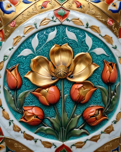 floral ornament,decorative plate,circular ornament,panel,decorative fan,motifs of blue stars,dharma wheel,floral decorations,patterned wood decoration,water lily plate,ornament,thai pattern,oriental painting,detail,chinese screen,lotus with hands,bell plate,art nouveau,wall panel,art nouveau design,Photography,General,Cinematic