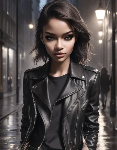 leather jacket,black coat,fashion vector,fashion street,black leather,femme fatale,jacket,leather,bolero jacket,portrait background,katniss,catwoman,sci fiction illustration,world digital painting,photoshop manipulation,spy,city ​​portrait,fashion girl,female model,cg artwork,Photography,Commercial