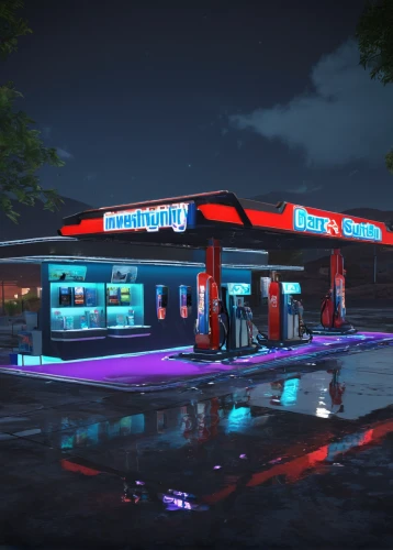 electric gas station,gas-station,gas station,e-gas station,retro diner,petrol pump,filling station,convenience store,neon light drinks,neon drinks,gas pump,car dealership,neon coffee,3d render,car hop,auto repair shop,petrolium,holiday motel,drive through,speedway,Illustration,Realistic Fantasy,Realistic Fantasy 46