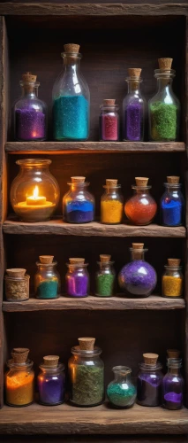 glass containers,potions,colored spices,apothecary,paint boxes,colorful glass,china cabinet,storage-jar,pottery,perfume bottles,wooden shelf,jars,preserved food,glass items,empty shelf,clay jugs,the shelf,handicrafts,soap shop,tealights,Illustration,Abstract Fantasy,Abstract Fantasy 15