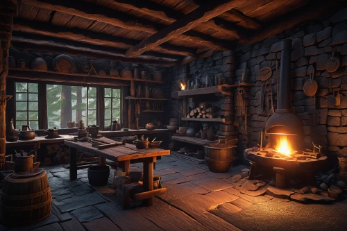 tavern,fireplaces,wood stove,blacksmith,collected game assets,hearth,wood-burning stove,apothecary,tinsmith,fireplace,candlemaker,rustic,forge,wooden beams,the kitchen,blackhouse,fire place,stone oven,kitchen interior,victorian kitchen,Illustration,Retro,Retro 26