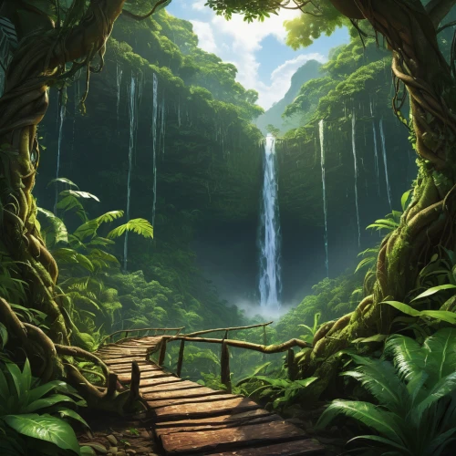 rainforest,rain forest,cartoon video game background,forest background,ash falls,forest landscape,fantasy landscape,green forest,green waterfall,landscape background,elven forest,forests,greenforest,druid grove,waterfall,tropical jungle,forest glade,jungle,fairy forest,forest path,Illustration,Japanese style,Japanese Style 12