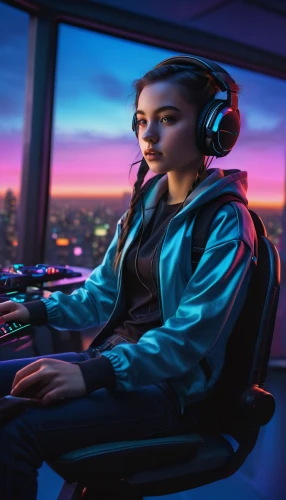 girl at the computer,dj,music background,wireless headset,lan,women in technology,blur office background,headset,connectcompetition,dusk background,night administrator,computer game,gamer,computer addiction,connect competition,cyberpunk,world digital painting,music workstation,pc,game illustration,Illustration,Realistic Fantasy,Realistic Fantasy 22