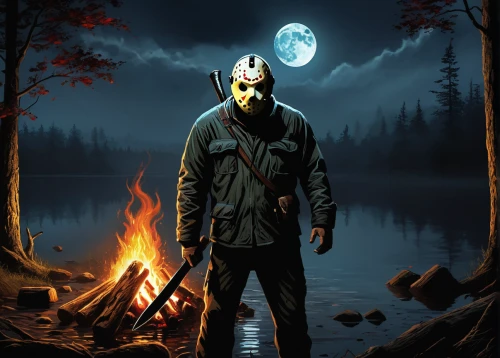 halloween poster,halloween illustration,with the mask,woodsman,wolfman,coveralls,hooded man,autumn camper,halloween and horror,anonymous mask,campfire,campfires,scarecrow,jacket,cover,mystery book cover,ffp2 mask,halloween background,cd cover,hockey mask,Art,Artistic Painting,Artistic Painting 04