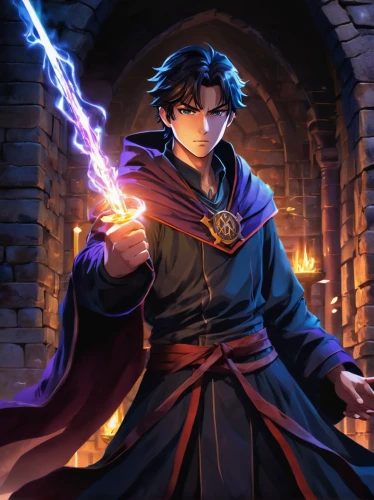 magus,merlin,cg artwork,mage,hamearis lucina,wizard,dodge warlock,flickering flame,potter,dark-type,summoner,tyrion lannister,leo,game illustration,monsoon banner,debt spell,fire background,wall,harry potter,guilinggao,Illustration,Japanese style,Japanese Style 03