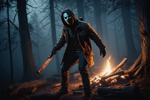 hooded man,woodsman,game art,game illustration,chasseur,forest man,gamekeeper,grimm reaper,assassin,slender,hooded,the wanderer,vigil,male mask killer,concept art,cg artwork,campfire,smoke background,action-adventure game,hunter,Photography,General,Fantasy