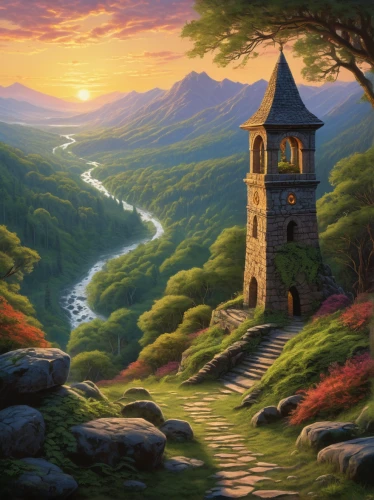 fantasy landscape,fantasy picture,landscape background,fairy tale castle,knight's castle,mountain scene,mountain landscape,fairy chimney,home landscape,mountainous landscape,high landscape,fairytale castle,studio ghibli,rural landscape,watchtower,hobbiton,summit castle,forest landscape,mountain settlement,fantasy art,Illustration,Retro,Retro 14