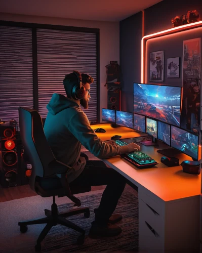 computer room,computer desk,game room,computer workstation,desk,creative office,gamer zone,visual effect lighting,working space,monitor wall,setup,monitors,modern room,work space,modern office,gamer,dual screen,gaming,music workstation,playing room,Illustration,Vector,Vector 20