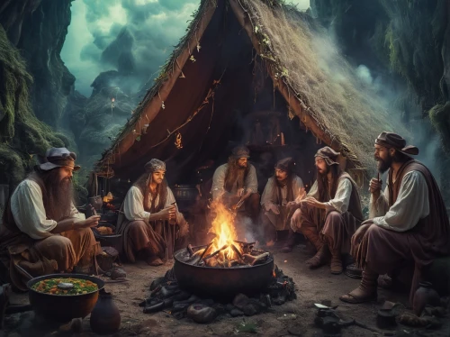 wise men,druids,shamanism,nomadic people,ancient people,birth of christ,campfires,campfire,primitive people,holy supper,shamanic,neanderthals,nativity of jesus,nativity of christ,camp fire,birth of jesus,three wise men,teepee,camping tipi,biblical narrative characters,Illustration,Realistic Fantasy,Realistic Fantasy 37