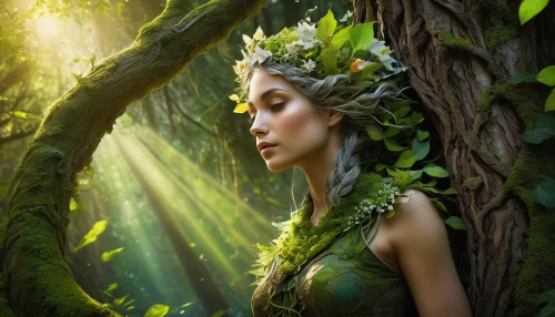 faery,dryad,faerie,the enchantress,fairy queen,fairy forest,mother nature,girl in a wreath,elven forest,elven flower,green wreath,fantasy picture,fae,fairy,enchanted forest,elven,fantasy portrait,mystical portrait of a girl,mother earth,fantasy art,Art,Artistic Painting,Artistic Painting 25