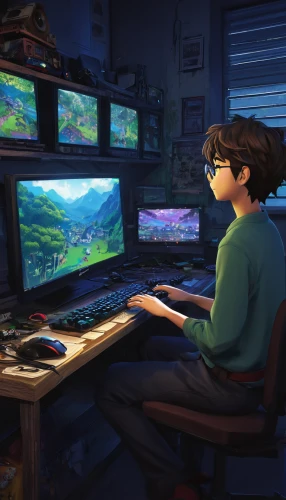 studio ghibli,workspace,animator,game room,world digital painting,workstation,working space,workplace,work space,virtual world,in a working environment,computer room,dream world,classroom,consoles,widescreen,home office,anime 3d,dual screen,mountain station,Illustration,Japanese style,Japanese Style 14