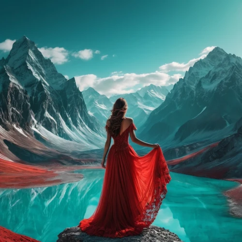 red gown,red cape,fantasy picture,world digital painting,landscape red,fantasy art,man in red dress,lady in red,landscape background,on a red background,red background,red coat,photomanipulation,red,creative background,girl in a long dress,red tunic,fantasy landscape,the spirit of the mountains,shades of red,Photography,General,Fantasy