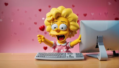 girl at the computer,kontroller,computer freak,blur office background,3d render,desktop computer,macintosh,desk top,online date,computer graphics,cinema 4d,computer art,clay animation,homer simpsons,online dating,amiga,character animation,b3d,digital compositing,compute