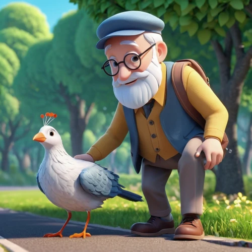 olaf,geppetto,zookeeper,landfowl,field pigeon,white pigeon,white grey pigeon,storks,agnes,pororo the little penguin,pensioner,farmer,chicken run,two pigeons,cockerel,gnome,fowl,crown pigeon,grandpa,bird pigeon,Unique,3D,3D Character