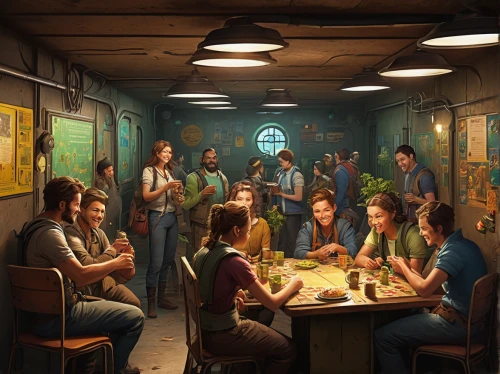 fallout shelter,the coffee shop,pizzeria,community connection,last supper,game illustration,diner,fallout4,soup kitchen,holy supper,croft,family dinner,a restaurant,game art,dining,cg artwork,coffee shop,concept art,game room,sci fiction illustration,Art,Classical Oil Painting,Classical Oil Painting 33
