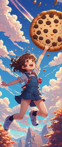akko,flying food,pizza hawaii,woman holding pie,cookie,malasada,pie vector,sky,flying girl,pie,pizza stone,pizza,flying noodles,slice of pizza,pizzeria,donut illustration,flying seed,chocolate chip cookie,pizza service,llenn,Illustration,Japanese style,Japanese Style 12