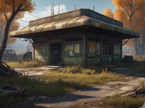 fallout shelter,wasteland,fallout4,gas-station,fallout,abandoned place,gas station,abandoned train station,abandoned,lost place,filling station,homestead,farm hut,railroad station,lostplace,bus stop,shed,shack,busstop,croft,Art,Artistic Painting,Artistic Painting 48