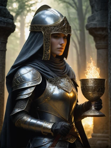 female warrior,paladin,gold chalice,joan of arc,woman drinking coffee,chalice,fantasy portrait,silversmith,sterntaler,candlemaker,sorceress,priestess,dark elf,golden candlestick,the hat of the woman,games of light,caerula,artemisia,light bearer,fantasy art,Illustration,Black and White,Black and White 28