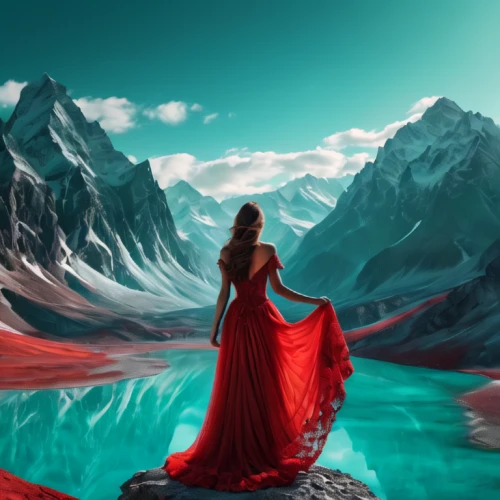 red cape,fantasy picture,red gown,world digital painting,fantasy art,landscape red,landscape background,on a red background,red background,man in red dress,fantasy landscape,lady in red,red coat,photomanipulation,creative background,the spirit of the mountains,red,girl in a long dress,fantasia,red tunic