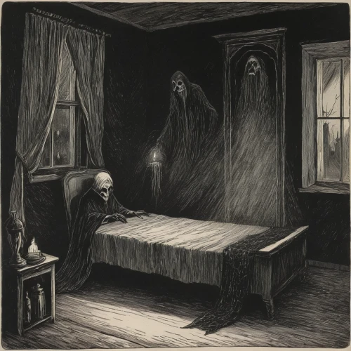 a dark room,haunting,witch house,the ghost,paranormal phenomena,halloween ghosts,haunted,dark cabinetry,the haunted house,dark art,dance of death,the little girl's room,halloween illustration,haunted house,grimm reaper,bedroom,grim reaper,creepy,spooky,haunt,Illustration,Black and White,Black and White 23