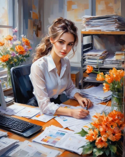 office worker,secretary,girl at the computer,receptionist,girl studying,in a working environment,orange roses,office,place of work women,administrator,office desk,bussiness woman,white-collar worker,modern office,blur office background,secretary desk,bookkeeper,microsoft office,businesswoman,furnished office,Conceptual Art,Oil color,Oil Color 03
