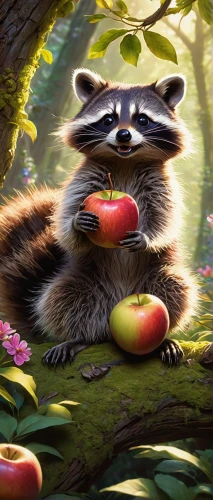north american raccoon,raccoon,raccoons,madagascar,rocket raccoon,picking apple,collecting nut fruit,ring-tailed,coatimundi,macadamia,q30,anthropomorphized animals,plums,apple jam,badger,apple harvest,acorns,spring background,squirell,apple trees,Art,Classical Oil Painting,Classical Oil Painting 09