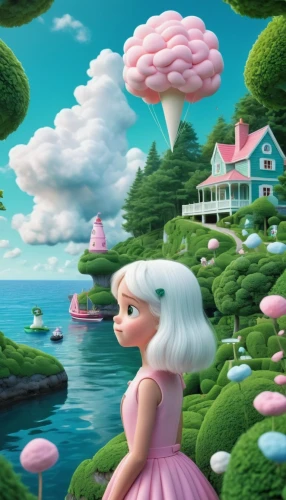 mushroom landscape,mushroom island,fairy world,wonderland,3d fantasy,candy island girl,dream world,girl with tree,cloud mushroom,children's background,popeye village,fantasy picture,fairy forest,mermaid background,fairy village,alice in wonderland,surrealism,dreamland,mushrooming,imagination,Illustration,Realistic Fantasy,Realistic Fantasy 19