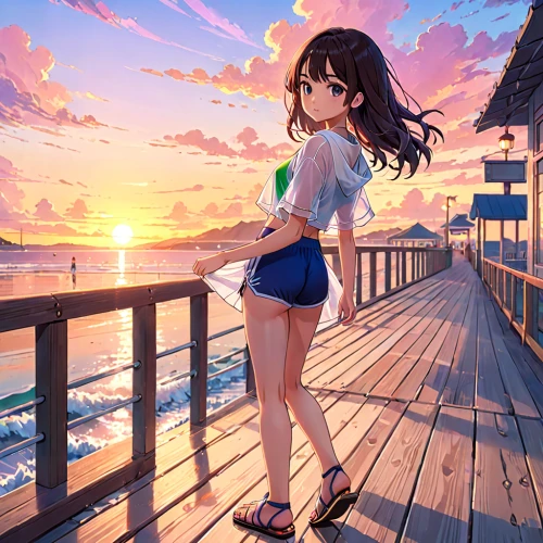beach background,summer background,beach scenery,honolulu,summer evening,sunset,ocean,on the pier,seaside,by the sea,dusk background,miku maekawa,ocean view,colorful background,himuto,summer day,ocean background,summer sky,sea ocean,beach walk,Anime,Anime,Traditional