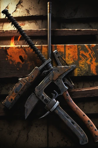 heavy crossbow,ranged weapon,crossbow,metal rust,bowie knife,tower flintlock,hunting knife,weapons,tomahawk,medieval crossbow,m4a1 carbine,flintlock pistol,wstężyk huntsman,huntsman,carbine,sledgehammer,samurai sword,throwing axe,butcher ax,hatchet,Conceptual Art,Oil color,Oil Color 11