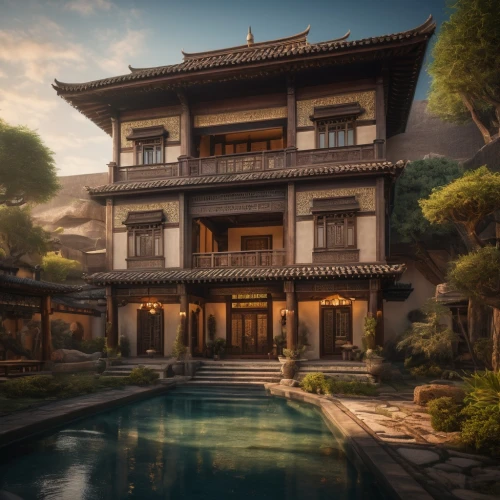 asian architecture,chinese architecture,beautiful home,luxury home,japanese architecture,house by the water,luxury property,ryokan,oriental,mansion,3d rendering,ancient house,bali,asian vision,render,sanya,luxury real estate,chinese style,private house,apartment house,Photography,General,Fantasy