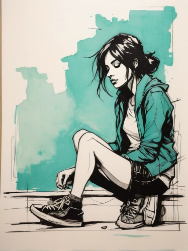 girl sitting,girl drawing,markers,teal,sneakers,clementine,copic,washes,girl with speech bubble,sketchbook,croft,blue shoes,holding shoes,girl studying,watercolor sketch,ink painting,sneaker,bluejacket,converse,worried girl,Illustration,Realistic Fantasy,Realistic Fantasy 23