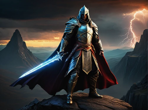 massively multiplayer online role-playing game,templar,hooded man,god of thunder,heroic fantasy,excalibur,crusader,norse,dane axe,paladin,alaunt,thor,witcher,sheik,assassin,paysandisia archon,cloak,wall,android game,action-adventure game,Illustration,Abstract Fantasy,Abstract Fantasy 01