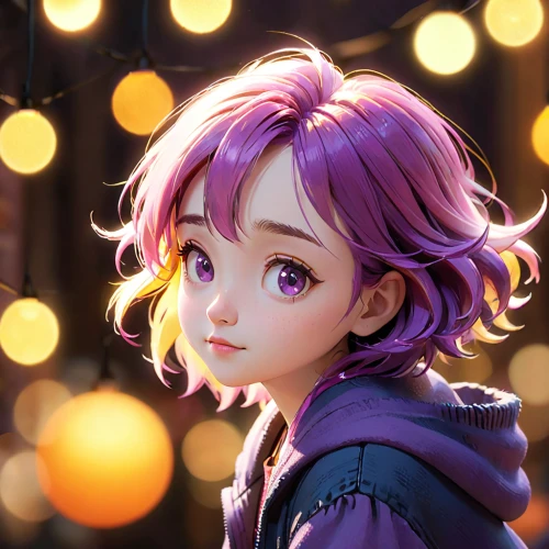 acerola,violet,background bokeh,portrait background,nora,girl portrait,maiden anemone,bokeh effect,lux,luka,bokeh,romantic portrait,cg artwork,bokeh lights,starlight,violet head elf,la violetta,violet eyes,child portrait,purple chestnut,Anime,Anime,Cartoon