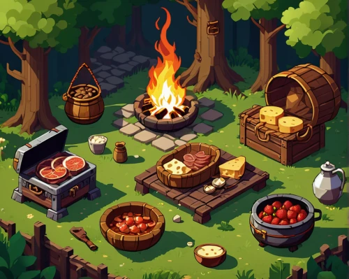 firepit,tavern,outdoor cooking,campfires,campfire,barbecue area,fireside,collected game assets,barbecue,campsite,hearth,picnic basket,wooden mockup,fire pit,bakery,game illustration,fireplace,pizza oven,fireplaces,barbeque,Illustration,Vector,Vector 04