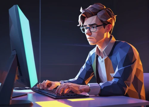night administrator,man with a computer,freelancer,game illustration,coder,blur office background,office worker,computer business,animator,programmer,computer addiction,administrator,freelance,computer freak,sci fiction illustration,neon human resources,world digital painting,white-collar worker,vector illustration,the community manager,Unique,3D,Low Poly