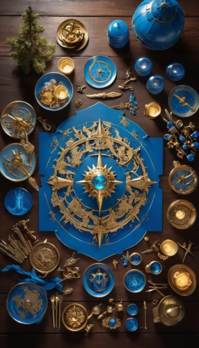 crown icons,motifs of blue stars,mod ornaments,orrery,compass rose,zodiac,signs of the zodiac,glass signs of the zodiac,compass,pirate treasure,trinkets,planisphere,christmas circle,advent market,collected game assets,circular puzzle,christmas icons,constellation pyxis,map icon,circle icons,Unique,Design,Knolling