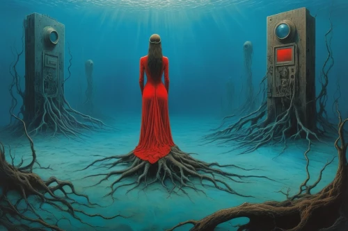 sirens,undersea,mirror of souls,tour to the sirens,siren,man in red dress,transistor,root chakra,sci fiction illustration,deep coral,rusalka,submerged,echo,diving bell,bloodstream,deep sea,monolith,immersed,submerge,the listening,Photography,Fashion Photography,Fashion Photography 26