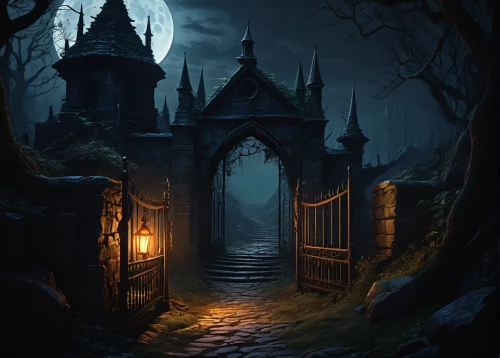 witch's house,the threshold of the house,witch house,haunted castle,hollow way,halloween background,haunted cathedral,the haunted house,ghost castle,gothic architecture,haunted house,dark gothic mood,fantasy picture,creepy doorway,the mystical path,halloween scene,gothic style,halloween illustration,archway,fantasy landscape,Art,Classical Oil Painting,Classical Oil Painting 31