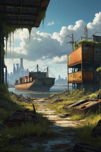 docks,floating huts,industrial landscape,houseboat,stilt houses,ship yard,post-apocalyptic landscape,wasteland,harbor,waterfront,fishing village,lostplace,shipyard,backwater,floating islands,ship wreck,cargo containers,industrial ruin,croft,riverside,Conceptual Art,Oil color,Oil Color 08